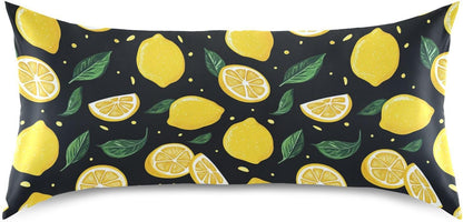Lemons Yellow Satin Pillowcase with Envelope Closure Green Black Standard Size Pillow Case, Silky Pillow Cover for Home Bedroom Sofa 20x26 in