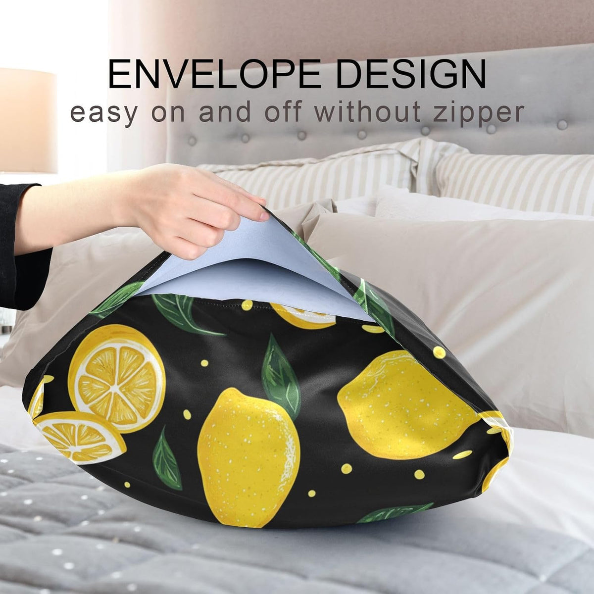 Lemons Yellow Satin Pillowcase with Envelope Closure Green Black Standard Size Pillow Case, Silky Pillow Cover for Home Bedroom Sofa 20x26 in