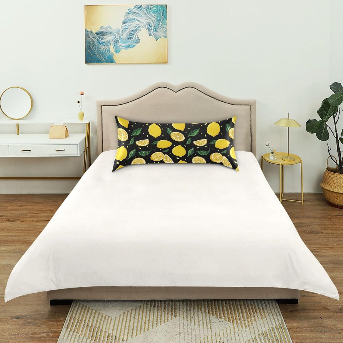 Lemons Yellow Satin Pillowcase with Envelope Closure Green Black Standard Size Pillow Case, Silky Pillow Cover for Home Bedroom Sofa 20x26 in