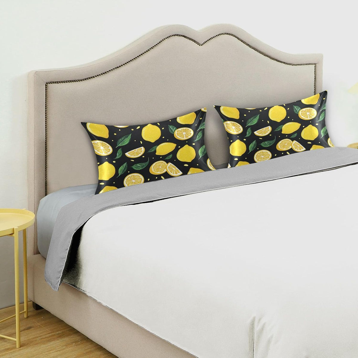 Lemons Yellow Satin Pillowcase with Envelope Closure Green Black Standard Size Pillow Case, Silky Pillow Cover for Home Bedroom Sofa 20x26 in