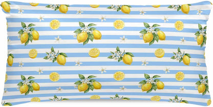 Summer Fruit Satin Pillowcase for Hair and Skin, Yellow Lemon Rustic Flower Blue Stripes Silky Pillow Cases Standard Size with Zipper 1 Pack Soft Cooling Pillow Cover for Women Men, 20''x40''