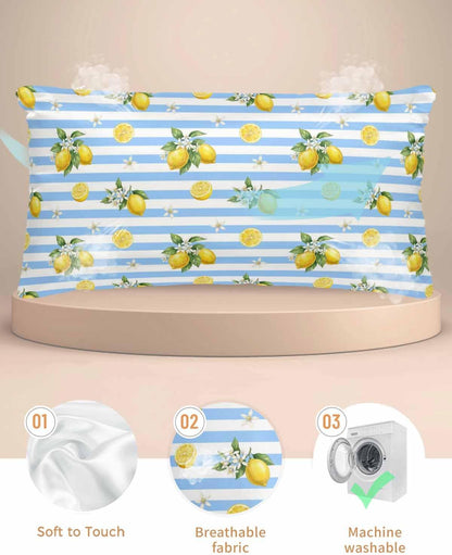 Summer Fruit Satin Pillowcase for Hair and Skin, Yellow Lemon Rustic Flower Blue Stripes Silky Pillow Cases Standard Size with Zipper 1 Pack Soft Cooling Pillow Cover for Women Men, 20''x40''