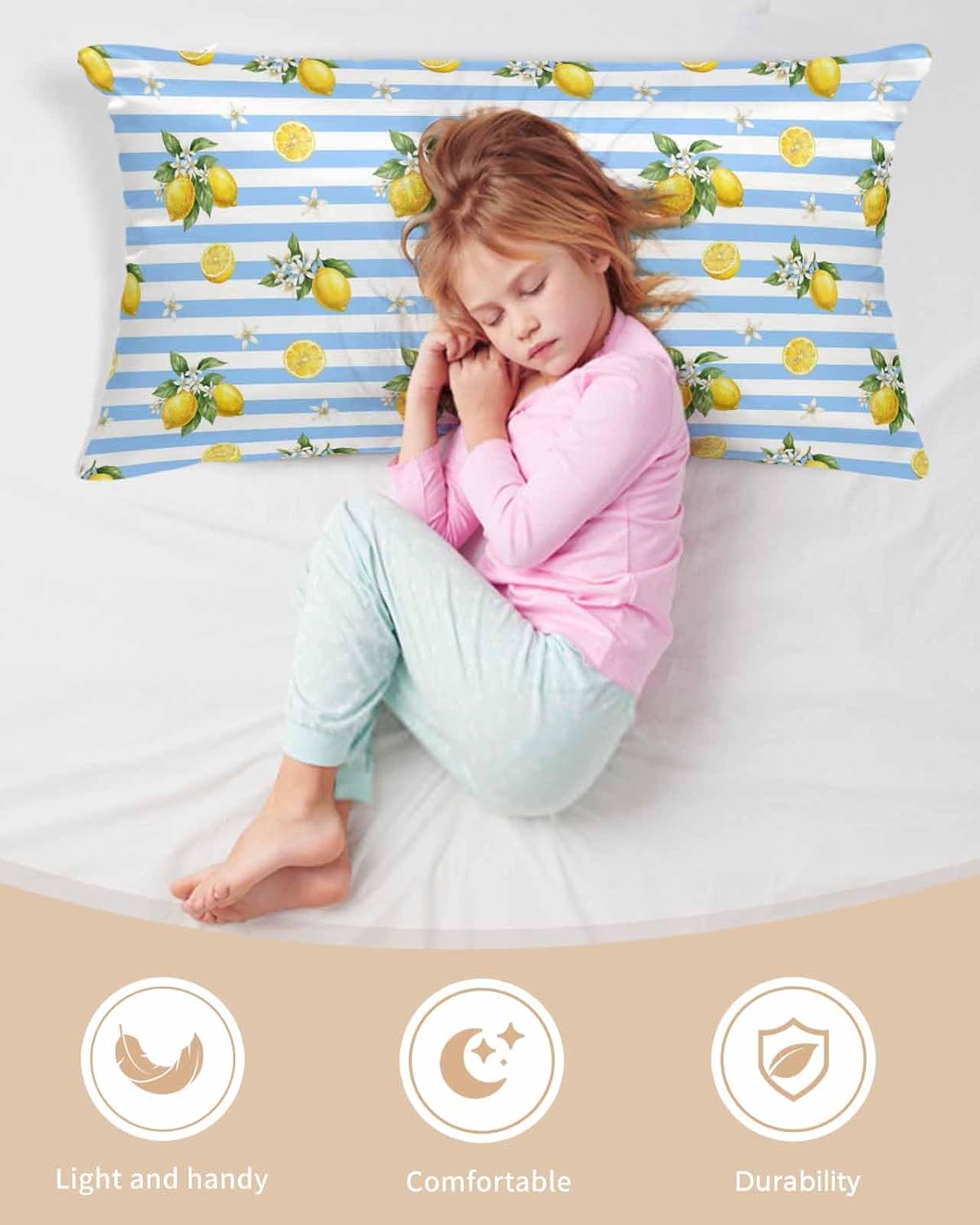 Summer Fruit Satin Pillowcase for Hair and Skin, Yellow Lemon Rustic Flower Blue Stripes Silky Pillow Cases Standard Size with Zipper 1 Pack Soft Cooling Pillow Cover for Women Men, 20''x40''