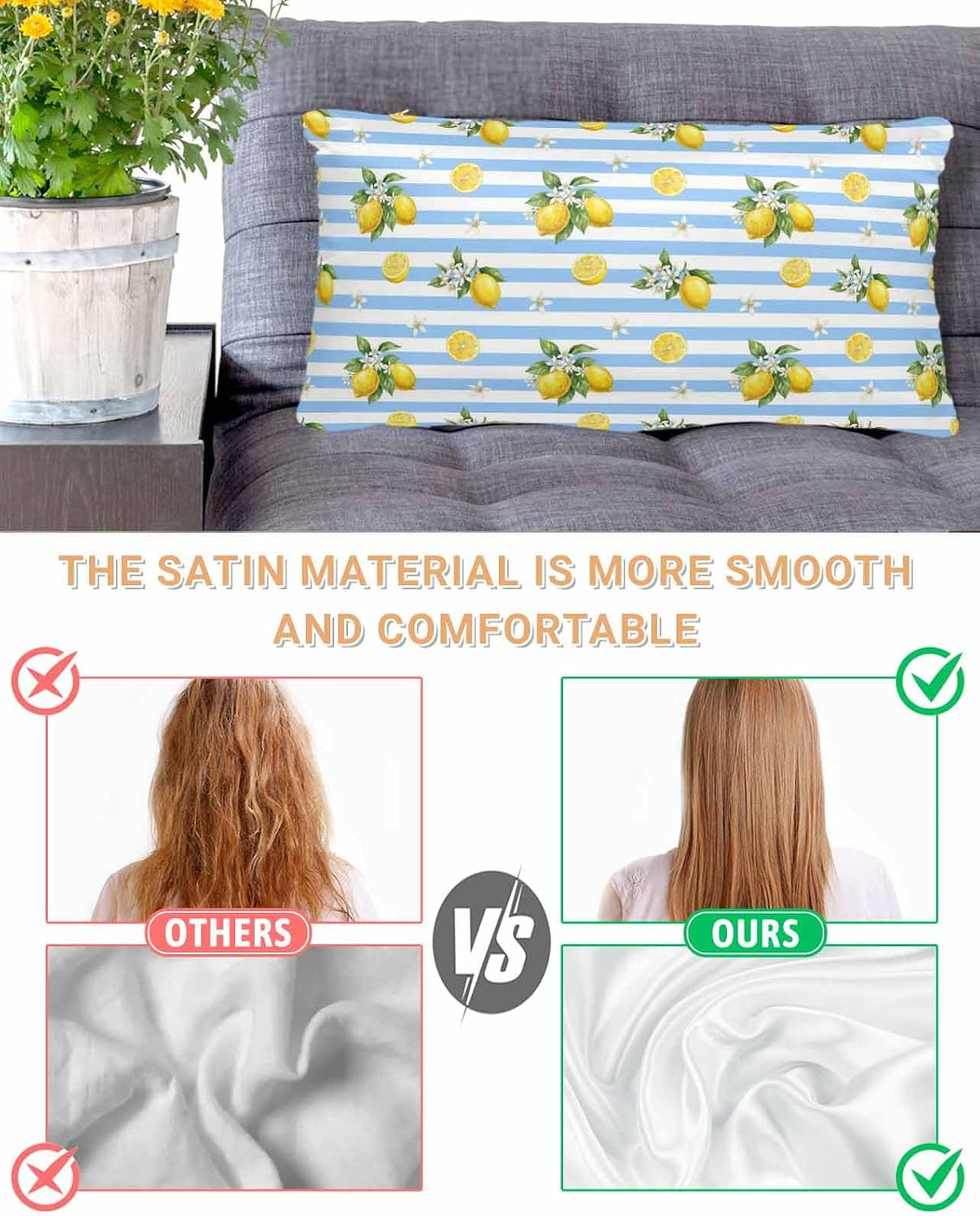 Summer Fruit Satin Pillowcase for Hair and Skin, Yellow Lemon Rustic Flower Blue Stripes Silky Pillow Cases Standard Size with Zipper 1 Pack Soft Cooling Pillow Cover for Women Men, 20''x40''