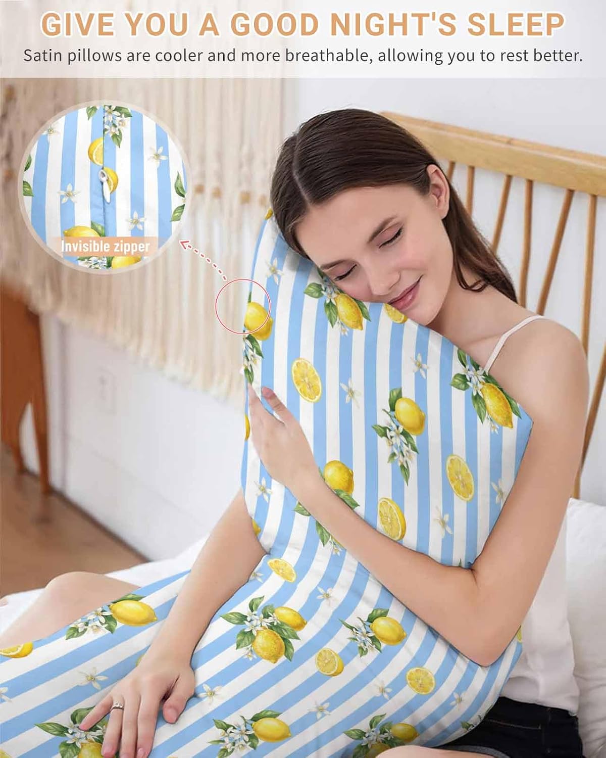 Summer Fruit Satin Pillowcase for Hair and Skin, Yellow Lemon Rustic Flower Blue Stripes Silky Pillow Cases Standard Size with Zipper 1 Pack Soft Cooling Pillow Cover for Women Men, 20''x40''