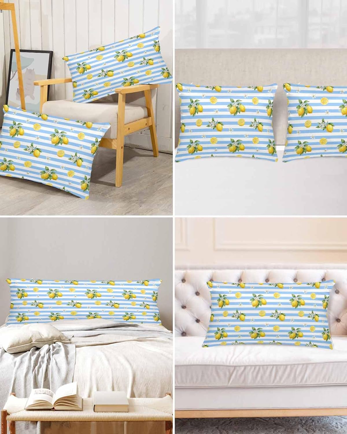 Summer Fruit Satin Pillowcase for Hair and Skin, Yellow Lemon Rustic Flower Blue Stripes Silky Pillow Cases Standard Size with Zipper 1 Pack Soft Cooling Pillow Cover for Women Men, 20''x40''