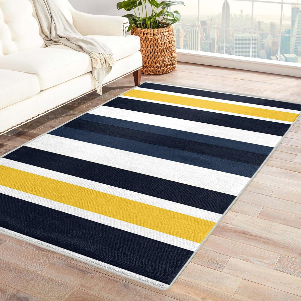 2x3 Striped Throw Rug, Yellow and Navy Blue Stripes Area Rugs for Entryway Living Room Bedroom, Minimalist Home Decor Carpet - Washable Indoor Door Mat, Non Slip Pet Friendly