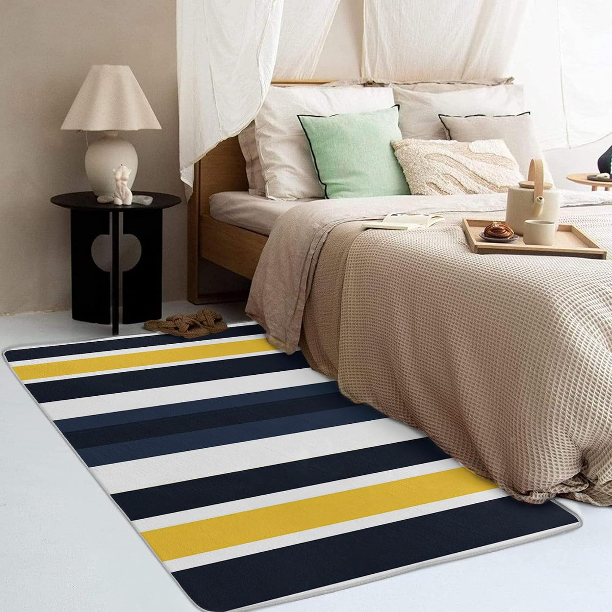 2x3 Striped Throw Rug, Yellow and Navy Blue Stripes Area Rugs for Entryway Living Room Bedroom, Minimalist Home Decor Carpet - Washable Indoor Door Mat, Non Slip Pet Friendly
