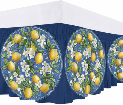 Bed Skirt Boho Summer Yellow Lemons Navy Blue Ruffle Bed Skirt Wrap Around Bed Skirts for Queen Beds 16" Drop,Adjustable Elastic Dust Ruffles Easy Fit and Wrinkle-Free