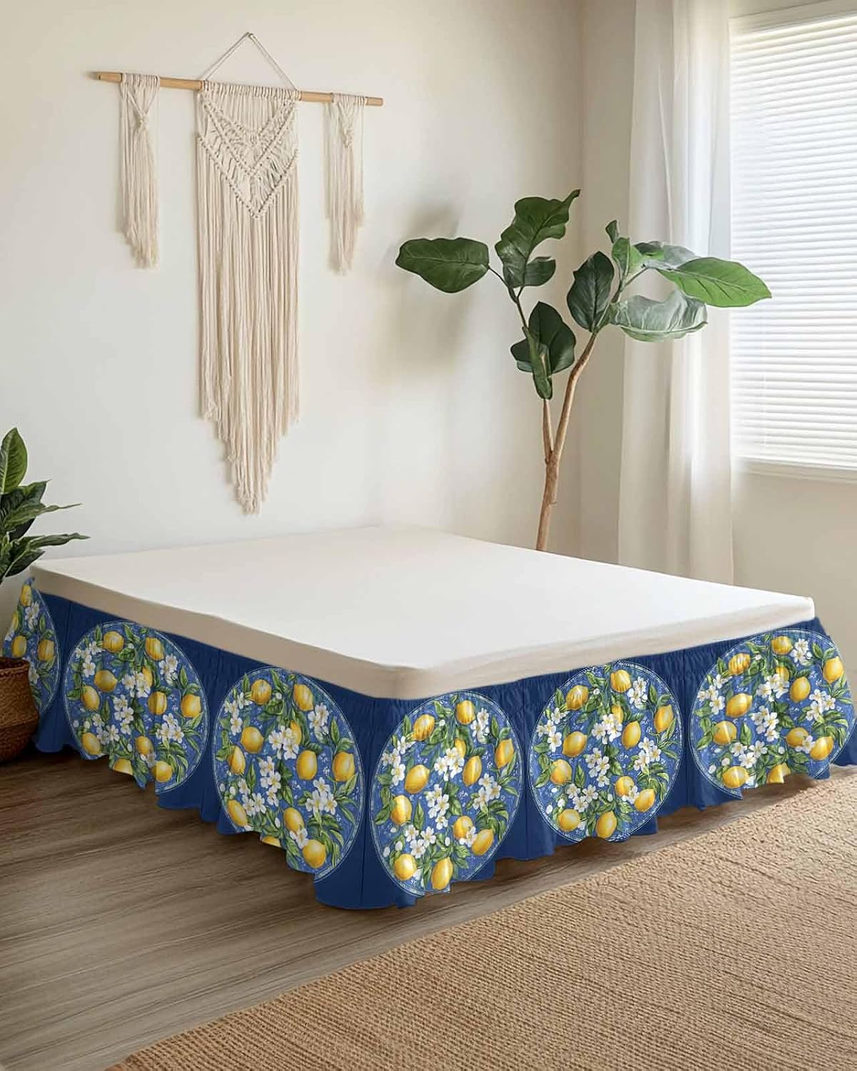 Bed Skirt Boho Summer Yellow Lemons Navy Blue Ruffle Bed Skirt Wrap Around Bed Skirts for Queen Beds 16" Drop,Adjustable Elastic Dust Ruffles Easy Fit and Wrinkle-Free