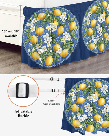 Bed Skirt Boho Summer Yellow Lemons Navy Blue Ruffle Bed Skirt Wrap Around Bed Skirts for Queen Beds 16" Drop,Adjustable Elastic Dust Ruffles Easy Fit and Wrinkle-Free