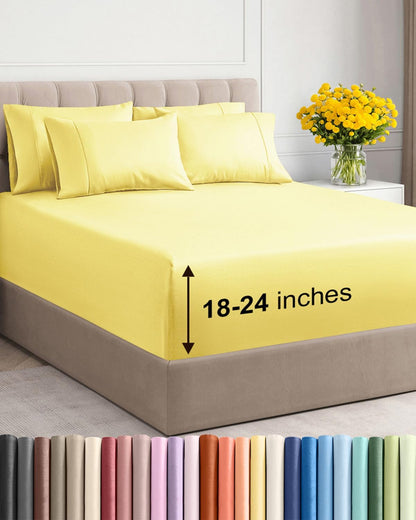 Extra Deep King Sheet Set - 6 Piece Breathable and Cooling Sheets - Yellow