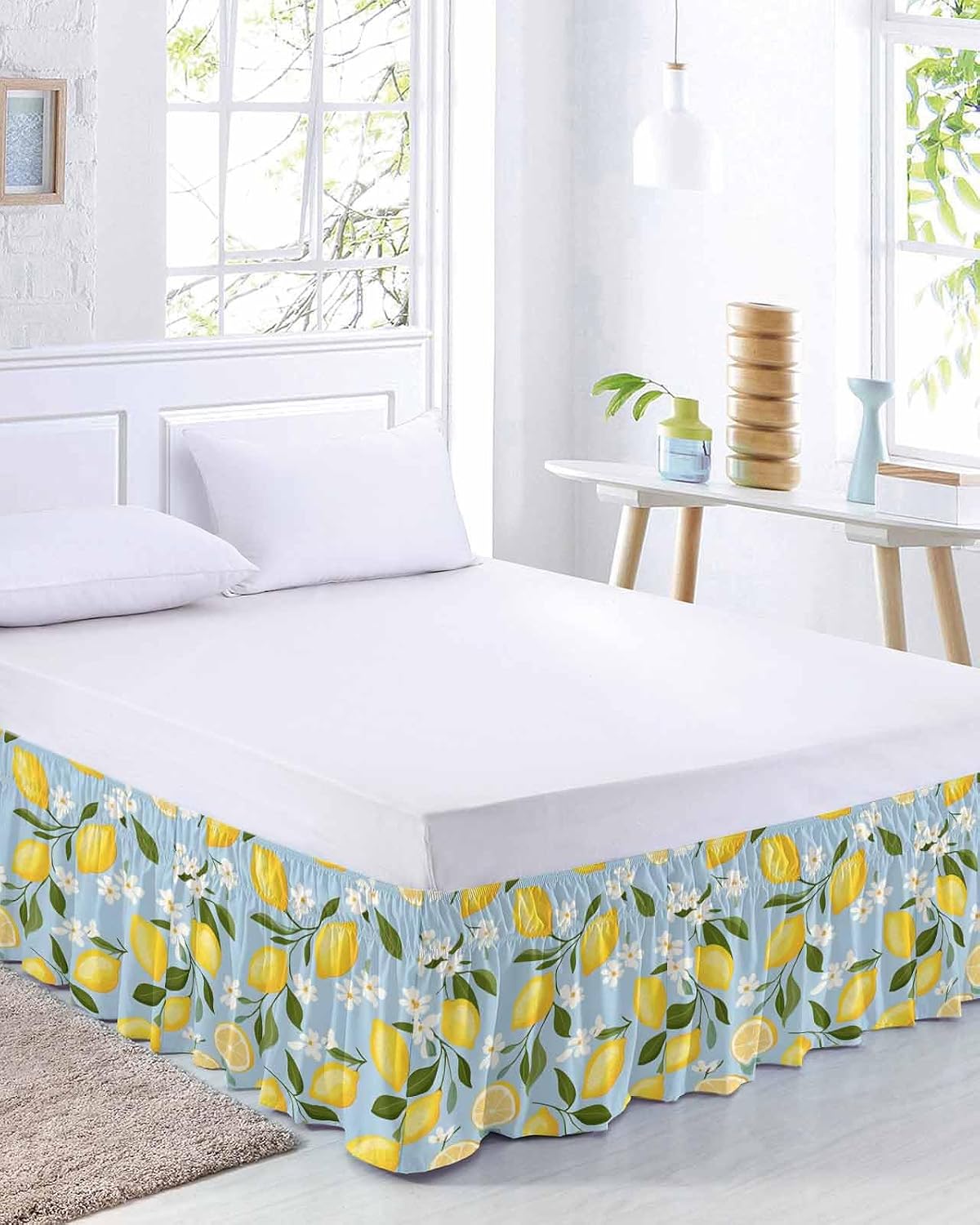 Yellow Lemon Bed Skirt Queen Size 16 Inch Drop, Adjustable Elastic Wrap Around Bed Skirts Easy Fitting Dust Ruffle Bedskirt Bed Frame Cover Spring Summer Floral Botanical