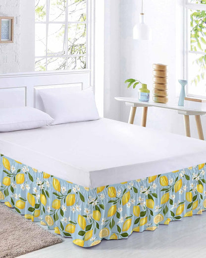 Yellow Lemon Bed Skirt Queen Size 16 Inch Drop, Adjustable Elastic Wrap Around Bed Skirts Easy Fitting Dust Ruffle Bedskirt Bed Frame Cover Spring Summer Floral Botanical