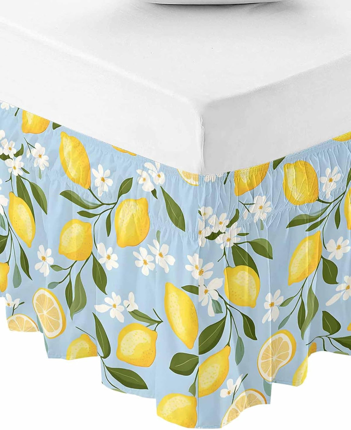 Yellow Lemon Bed Skirt Queen Size 16 Inch Drop, Adjustable Elastic Wrap Around Bed Skirts Easy Fitting Dust Ruffle Bedskirt Bed Frame Cover Spring Summer Floral Botanical