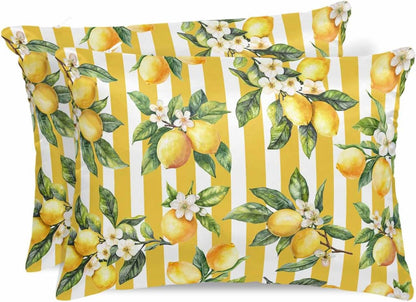 Lemon Standard Pillowcase Set of 2, Summer Yellow Stripes Satin Pillow Case with Smooth Hidden Zipper Closure, Soft Throw Covers for Couch Sofa Home Decoration 20 X 26 Inches