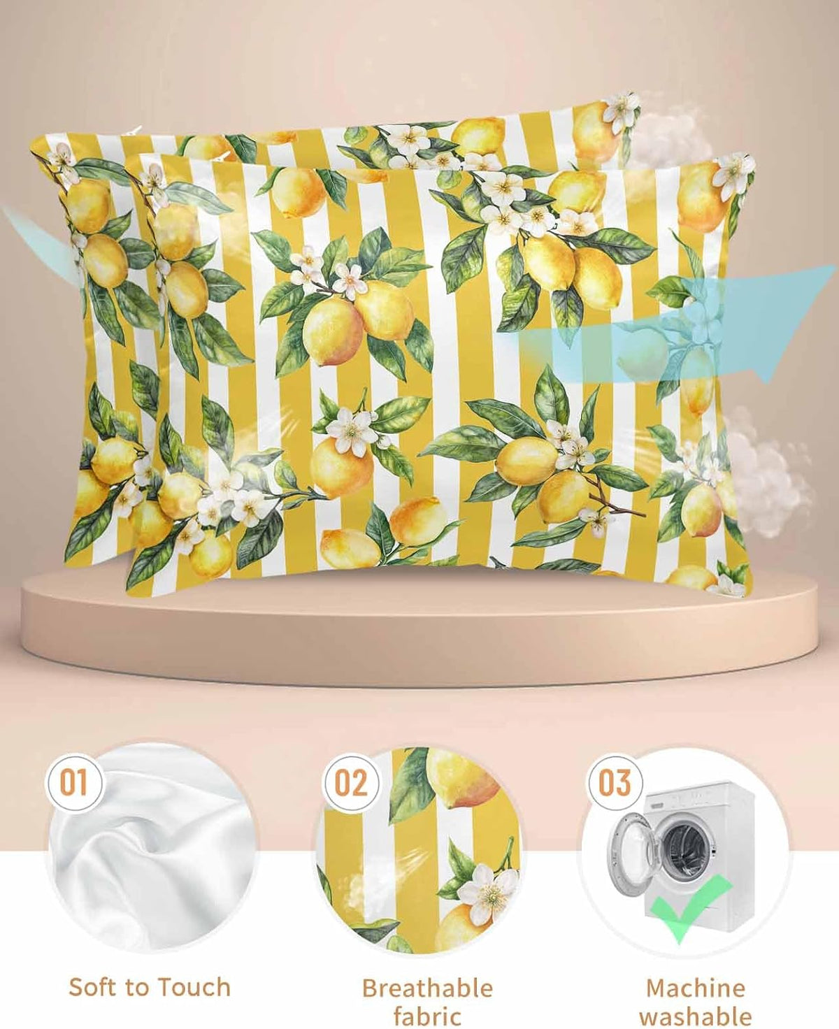Lemon Standard Pillowcase Set of 2, Summer Yellow Stripes Satin Pillow Case with Smooth Hidden Zipper Closure, Soft Throw Covers for Couch Sofa Home Decoration 20 X 26 Inches