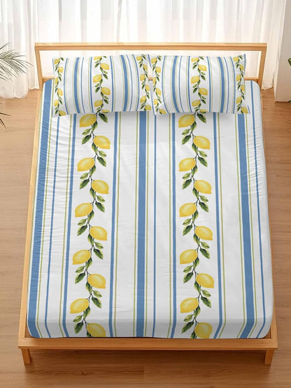 3 Pieces Twin XL Fitted Sheet Set, Summer Lemon Leaves Deep Pocket Up to 16", Blue Yellow Striped Soft Elastic Bed Sheets and Pillow Cases Secure Fit
