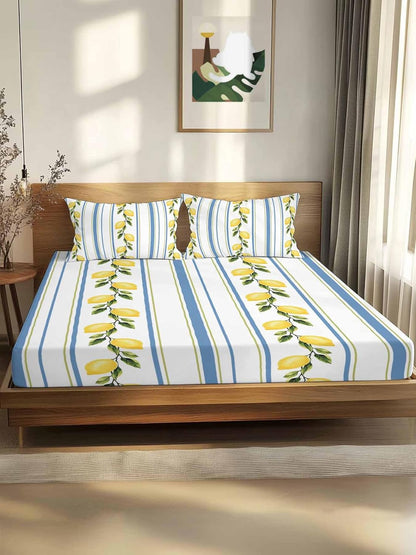 3 Pieces Twin XL Fitted Sheet Set, Summer Lemon Leaves Deep Pocket Up to 16", Blue Yellow Striped Soft Elastic Bed Sheets and Pillow Cases Secure Fit