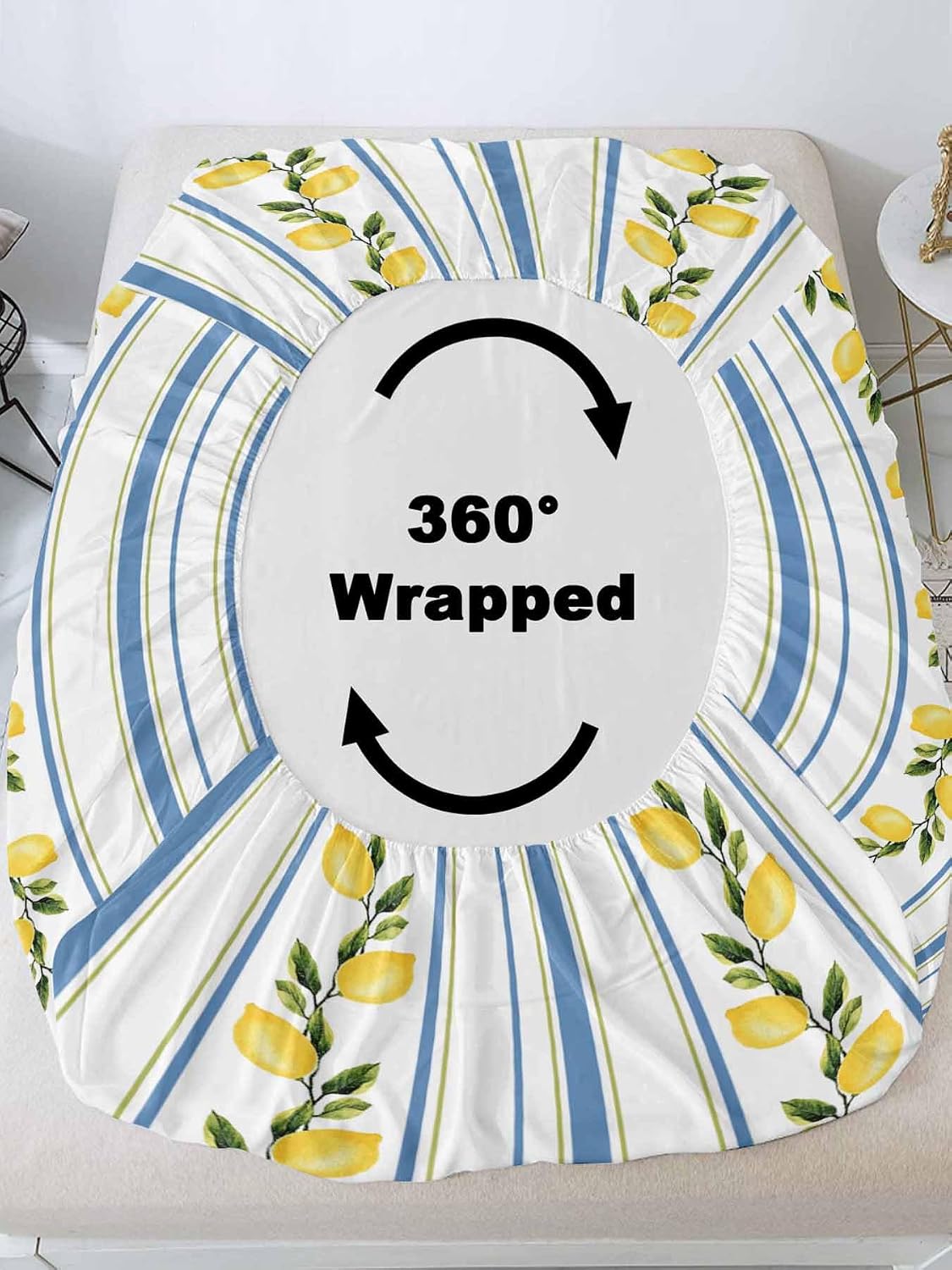 3 Pieces Twin XL Fitted Sheet Set, Summer Lemon Leaves Deep Pocket Up to 16", Blue Yellow Striped Soft Elastic Bed Sheets and Pillow Cases Secure Fit