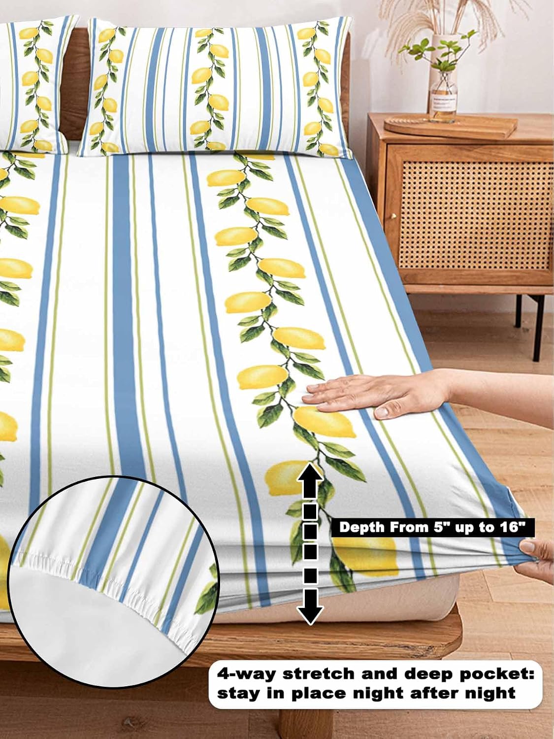 3 Pieces Twin XL Fitted Sheet Set, Summer Lemon Leaves Deep Pocket Up to 16", Blue Yellow Striped Soft Elastic Bed Sheets and Pillow Cases Secure Fit