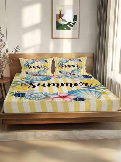 Twin Fitted Sheet, Summer Sea Stars Shells Lemon Soft Brushed Microfiber Deep Pocket Bed Sheets Set, Vintage Yellow Striped Breathable Bottom Sheets with Pillowcase,Fits Mattress Up to 16"