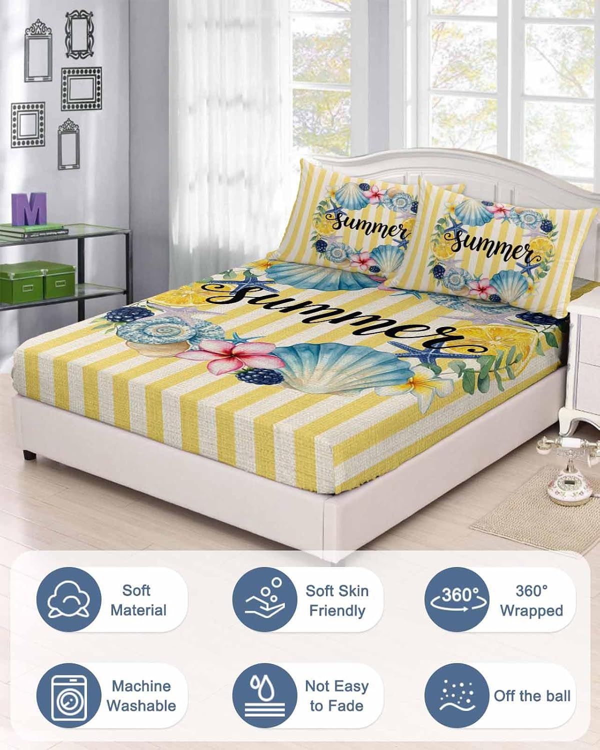 Twin Fitted Sheet, Summer Sea Stars Shells Lemon Soft Brushed Microfiber Deep Pocket Bed Sheets Set, Vintage Yellow Striped Breathable Bottom Sheets with Pillowcase,Fits Mattress Up to 16"