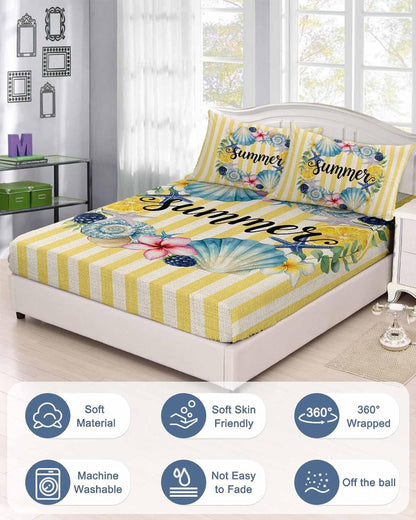 Twin Fitted Sheet, Summer Sea Stars Shells Lemon Soft Brushed Microfiber Deep Pocket Bed Sheets Set, Vintage Yellow Striped Breathable Bottom Sheets with Pillowcase,Fits Mattress Up to 16"