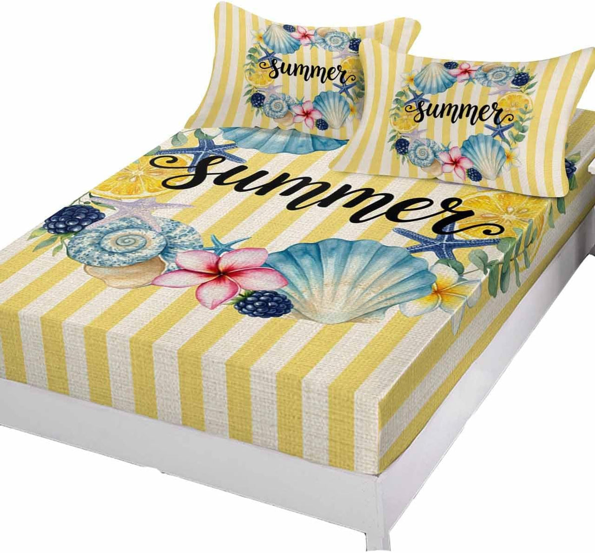 Twin Fitted Sheet, Summer Sea Stars Shells Lemon Soft Brushed Microfiber Deep Pocket Bed Sheets Set, Vintage Yellow Striped Breathable Bottom Sheets with Pillowcase,Fits Mattress Up to 16"
