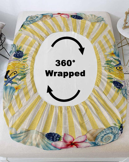 Twin Fitted Sheet, Summer Sea Stars Shells Lemon Soft Brushed Microfiber Deep Pocket Bed Sheets Set, Vintage Yellow Striped Breathable Bottom Sheets with Pillowcase,Fits Mattress Up to 16"