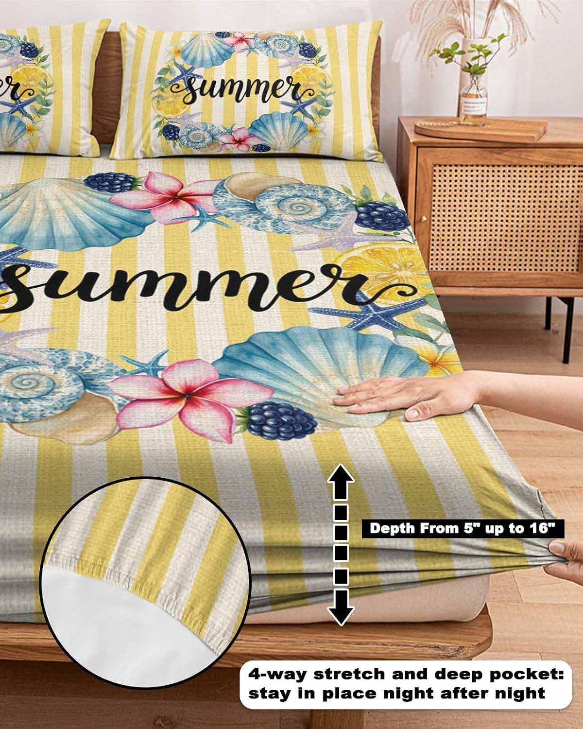 Twin Fitted Sheet, Summer Sea Stars Shells Lemon Soft Brushed Microfiber Deep Pocket Bed Sheets Set, Vintage Yellow Striped Breathable Bottom Sheets with Pillowcase,Fits Mattress Up to 16"