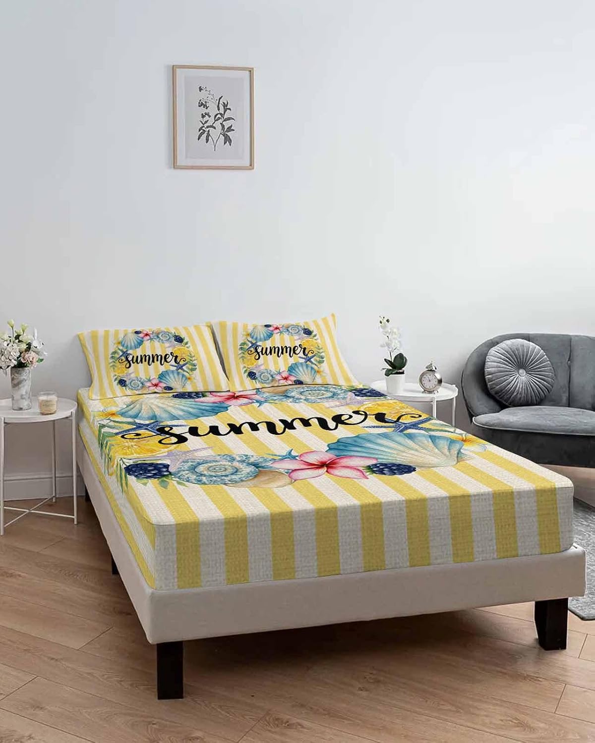 Twin Fitted Sheet, Summer Sea Stars Shells Lemon Soft Brushed Microfiber Deep Pocket Bed Sheets Set, Vintage Yellow Striped Breathable Bottom Sheets with Pillowcase,Fits Mattress Up to 16"