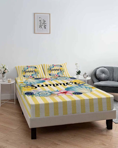 Twin Fitted Sheet, Summer Sea Stars Shells Lemon Soft Brushed Microfiber Deep Pocket Bed Sheets Set, Vintage Yellow Striped Breathable Bottom Sheets with Pillowcase,Fits Mattress Up to 16"