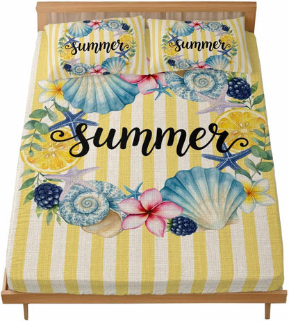 Twin Fitted Sheet, Summer Sea Stars Shells Lemon Soft Brushed Microfiber Deep Pocket Bed Sheets Set, Vintage Yellow Striped Breathable Bottom Sheets with Pillowcase,Fits Mattress Up to 16"