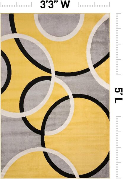 Abstract Circles Contemporary Living Room Area Rug Yellow 3'3" x 5'
