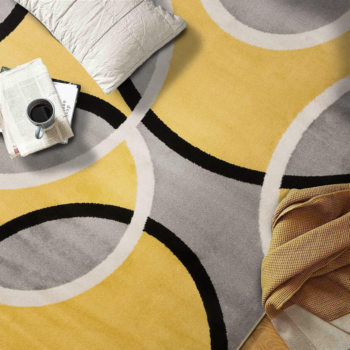 Abstract Circles Contemporary Living Room Area Rug Yellow 3'3" x 5'