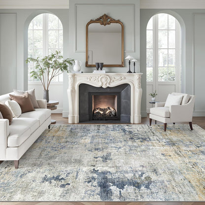 Abstract Rug 8x10 Large Living Room Area Rugs Washable Blue/Yellow