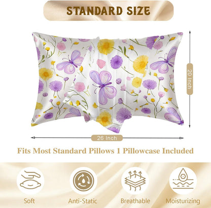 Satin Pillowcase with Zipper for Hair and Skin Yellow Purple Floral and Butterfly 1 Pack Soft Silk Pillow Case Standard Size Wrinkle-Free Smooth and Cooling Satin Pillow Cover 20”x26”