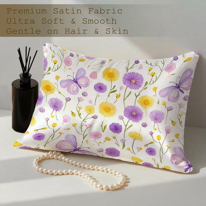 Satin Pillowcase with Zipper for Hair and Skin Yellow Purple Floral and Butterfly 1 Pack Soft Silk Pillow Case Standard Size Wrinkle-Free Smooth and Cooling Satin Pillow Cover 20”x26”