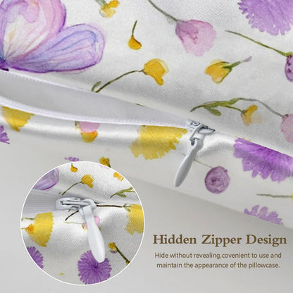 Satin Pillowcase with Zipper for Hair and Skin Yellow Purple Floral and Butterfly 1 Pack Soft Silk Pillow Case Standard Size Wrinkle-Free Smooth and Cooling Satin Pillow Cover 20”x26”