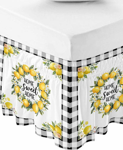 Summer Yellow Lemon Bed Skirt Queen Size 16 Inch Drop, Adjustable Elastic Wrap Around Bed Skirts Easy Fitting Dust Ruffle Bedskirt Bed Frame Cover Black Buffalo Plaid Farmhouse
