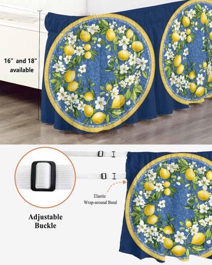 Bed Skirt Yellow Lemons Bohemian Summer Navy Blue Ruffle Bed Skirt Wrap Around Bed Skirts for Queen Beds 16" Drop,Adjustable Elastic Dust Ruffles Easy Fit and Wrinkle-Free