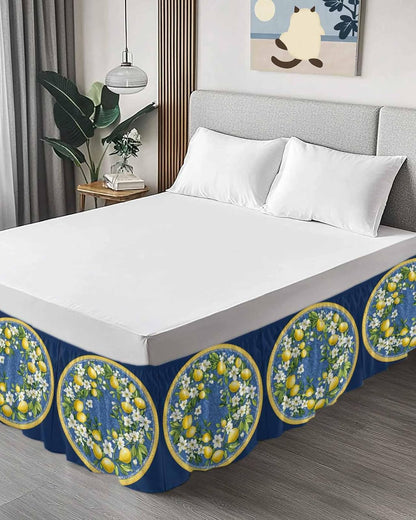 Bed Skirt Yellow Lemons Bohemian Summer Navy Blue Ruffle Bed Skirt Wrap Around Bed Skirts for Queen Beds 16" Drop,Adjustable Elastic Dust Ruffles Easy Fit and Wrinkle-Free