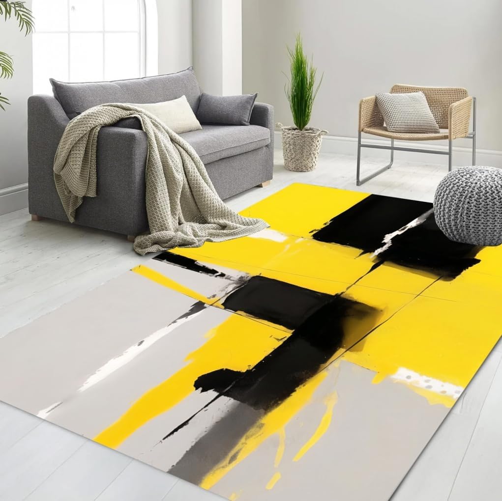 Bright Yellow Black Light Grey Modern Abstract Art Aesthetic Indoor Rugs 4x6 for Living Room Bedroom Dining Room Washable Non Shedding Faux Wool Soft Carpet Dorm Farmhouse Vibrant Geometric Area Rug