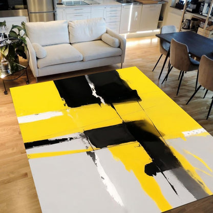 Bright Yellow Black Light Grey Modern Abstract Art Aesthetic Indoor Rugs 4x6 for Living Room Bedroom Dining Room Washable Non Shedding Faux Wool Soft Carpet Dorm Farmhouse Vibrant Geometric Area Rug