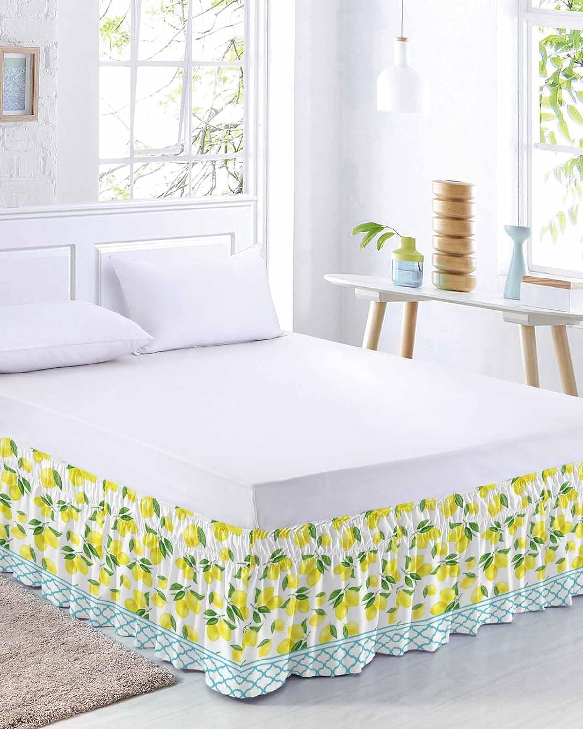 Yellow Lemon Bed Skirt Queen Size 16 Inch Drop, Adjustable Elastic Wrap Around Bed Skirts Easy Fitting Dust Ruffle Bedskirt Bed Frame Cover Farmhouse Summer Botanical Watercolor