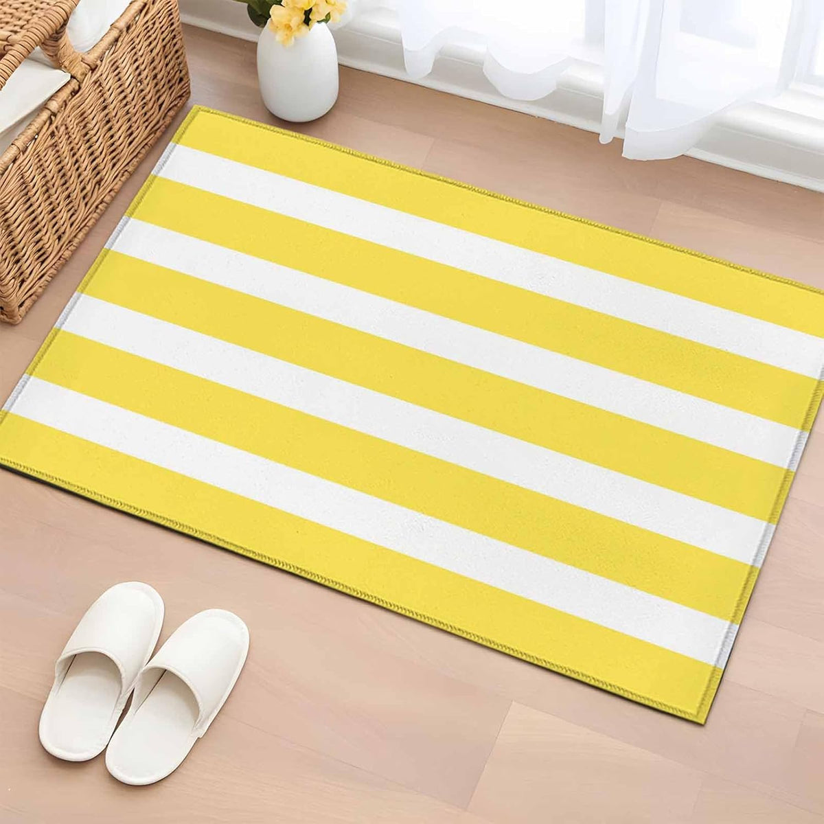 2x3 Ft Entryway Area Rug, Yellow Striped Kitchen Rug Runner Floor Mat, Modern Simple Monochrome Geometric White Non Slip Indoor Door Mat Throw Carpet for Bathroom Living Room Bedroom