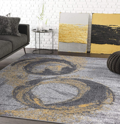 Yellow & Grey Bold Splatter Ring Contemporary 5'3" x 7'6" Area Rug - Laguna Collection Modern Style Accent Rug Rugs