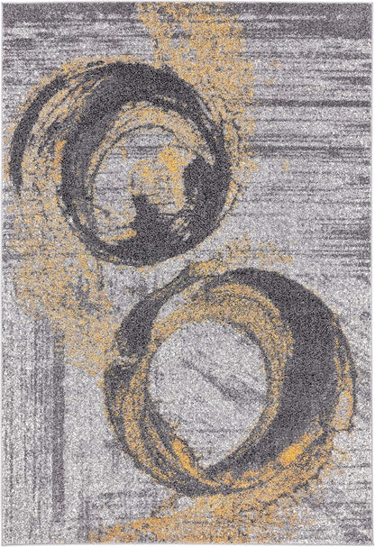 Yellow & Grey Bold Splatter Ring Contemporary 5'3" x 7'6" Area Rug - Laguna Collection Modern Style Accent Rug Rugs