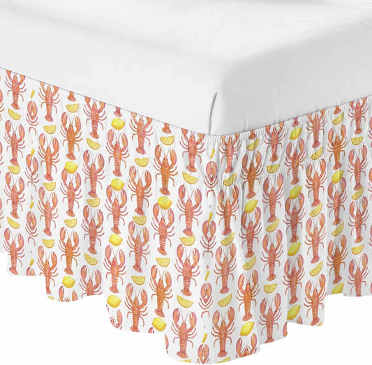 Ocean Orange Lobster Bed Skirt Queen Size 16" Drop Summer Nautical Sea Watercolor Yellow Lemon Ruffled Wrap Around Bed Skirts Adjustable Elastic Bedskirt Dust Ruffle for Queen King California King Bed